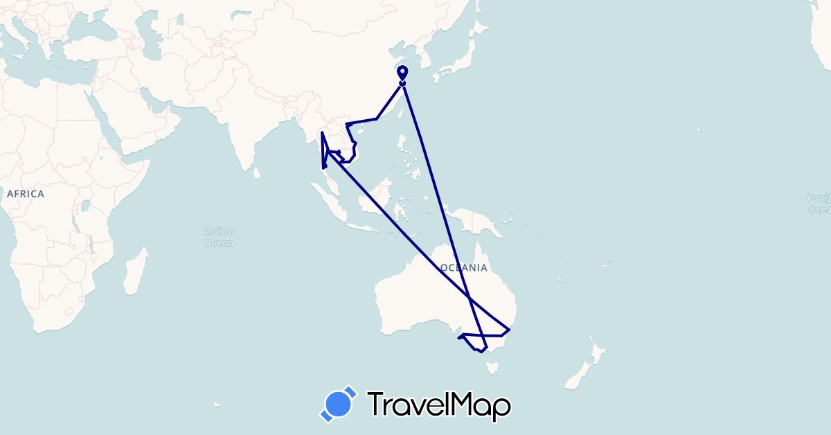 TravelMap itinerary: driving in Australia, China, Hong Kong, Cambodia, Macau, Thailand, Vietnam (Asia, Oceania)